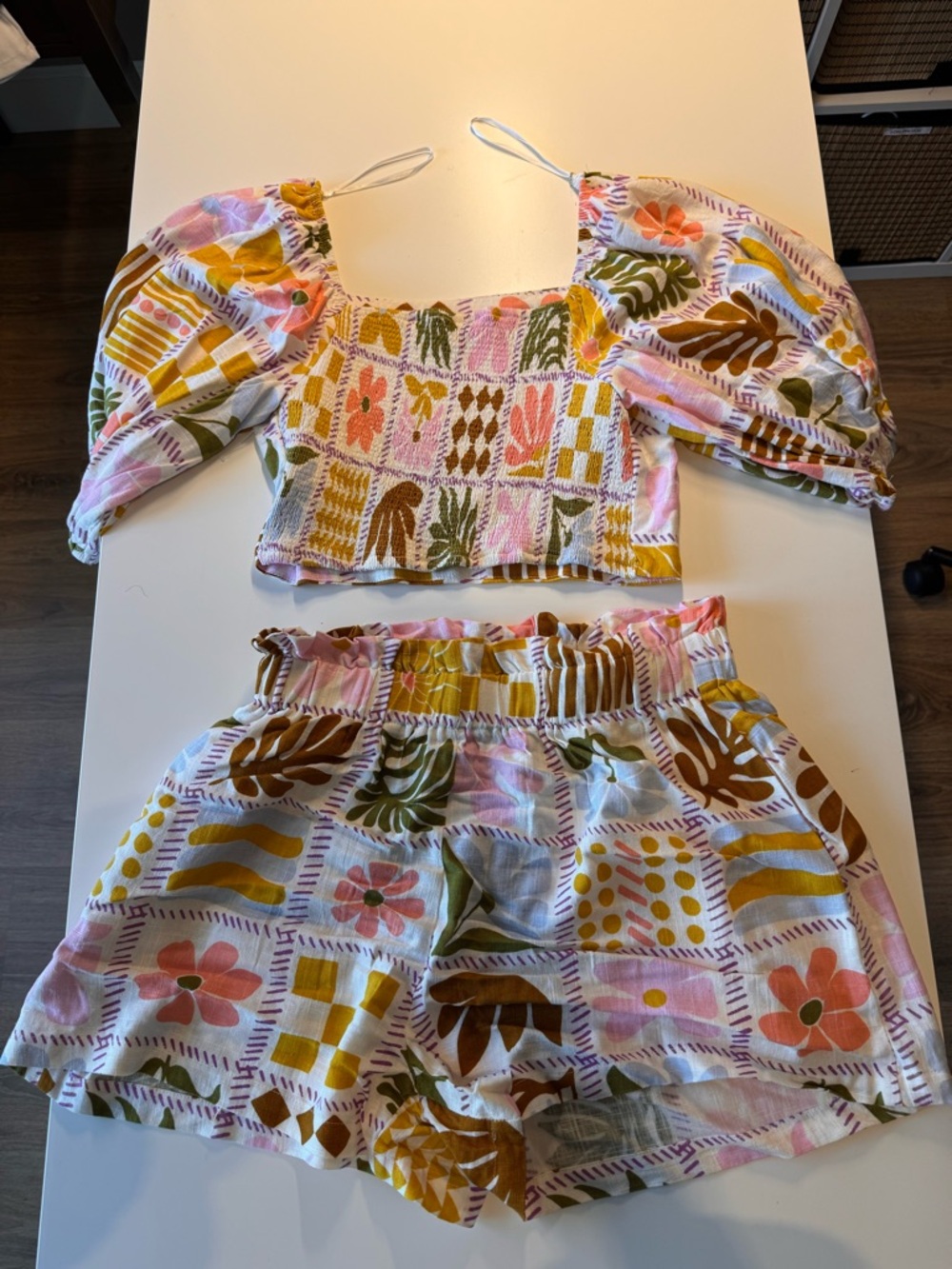 Floral Patchwork Puff Sleeve Crop Top & Shorts Set - Pink, Mustard, Olive